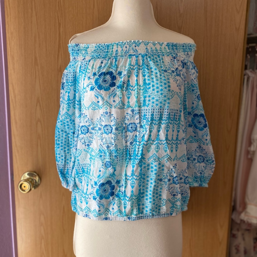 Blue Patterned Off Shoulder Top